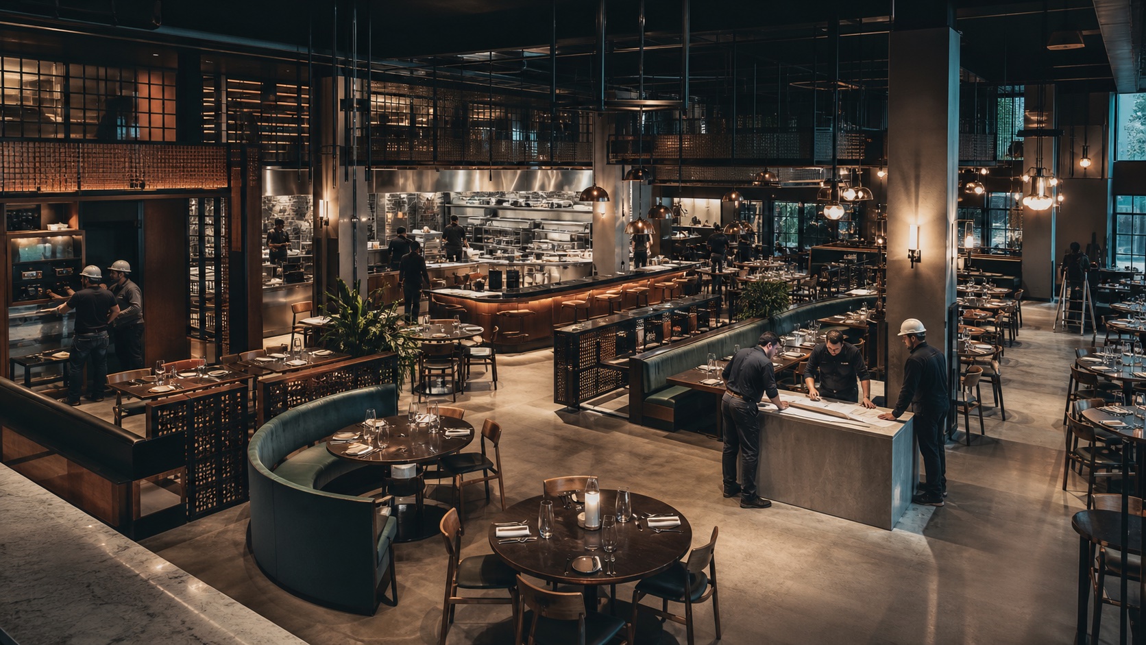 A large restaurant with dining areas and an open professional kitchen