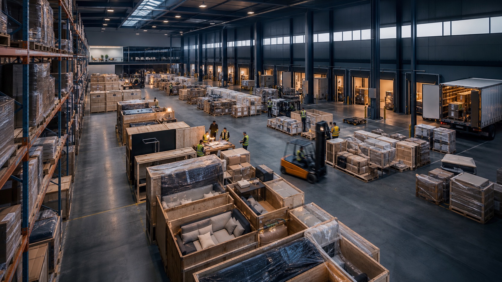 A large distribution warehouse with high-bay racking, loading docks and handling equipment
