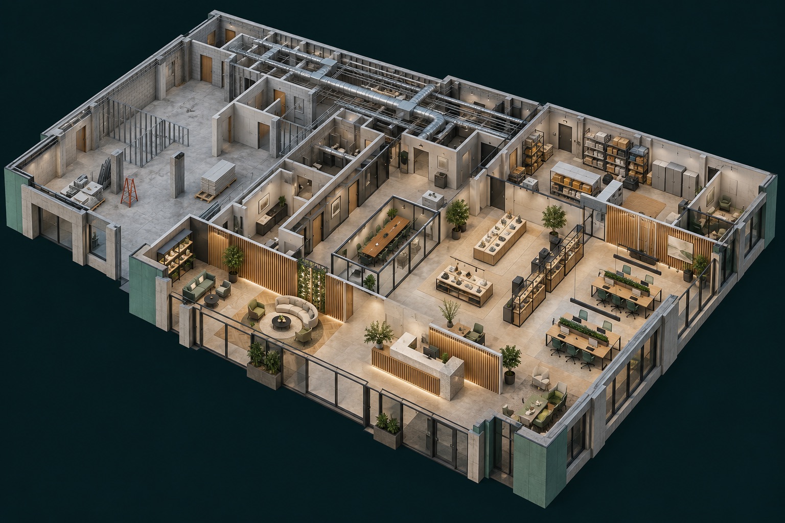 Illustrative cutaway of a large commercial space showing partitions, building services, equipment and furnished customer areas
